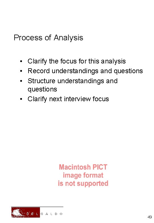 Process of Analysis • Clarify the focus for this analysis • Record understandings and