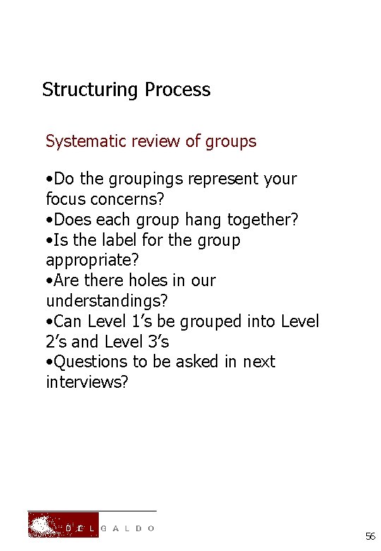 Structuring Process Systematic review of groups • Do the groupings represent your focus concerns?