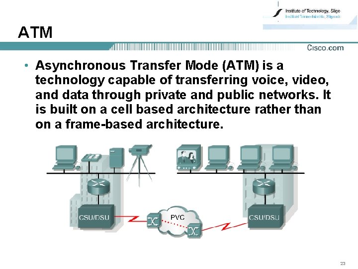 ATM • Asynchronous Transfer Mode (ATM) is a technology capable of transferring voice, video,