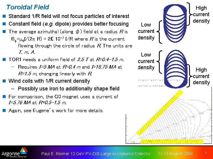 Toroidal Field High current density n Standard 1/R field will not focus particles of