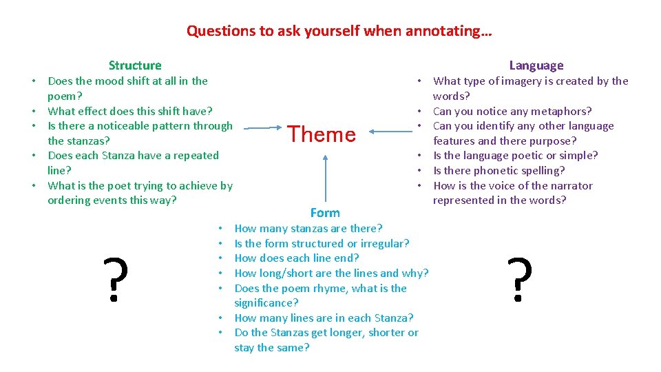 Questions to ask yourself when annotating… Structure • Does the mood shift at all