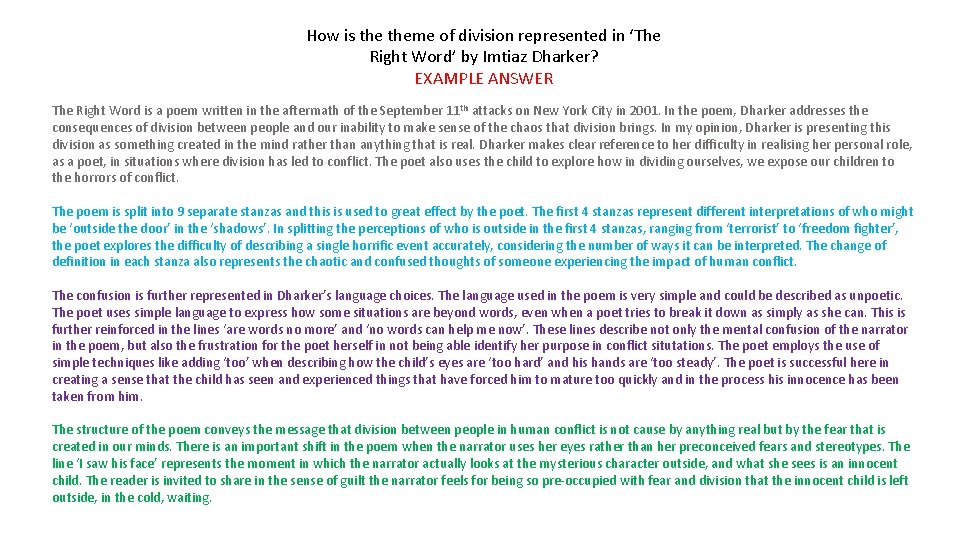 How is theme of division represented in ‘The Right Word’ by Imtiaz Dharker? EXAMPLE