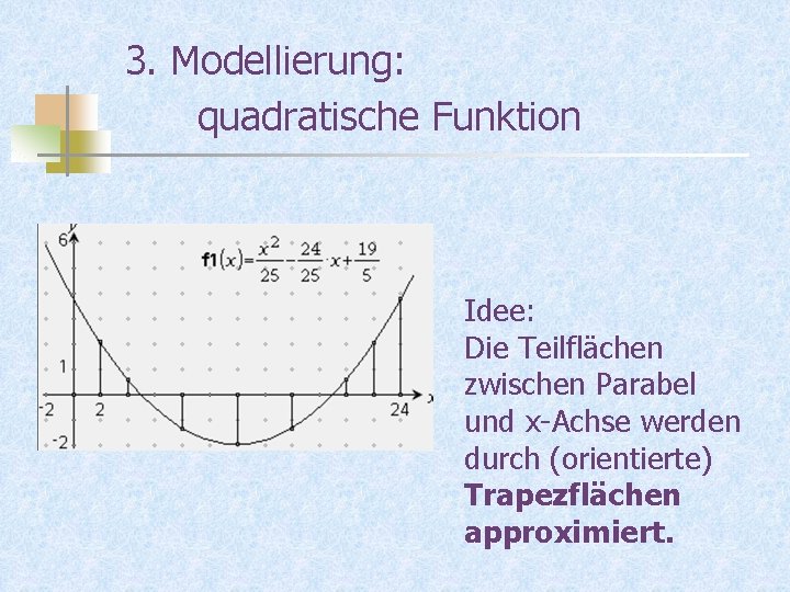 3. Modellierung: quadratische Funktion Idee: Die Teilflächen zwischen Parabel und x-Achse werden durch (orientierte)