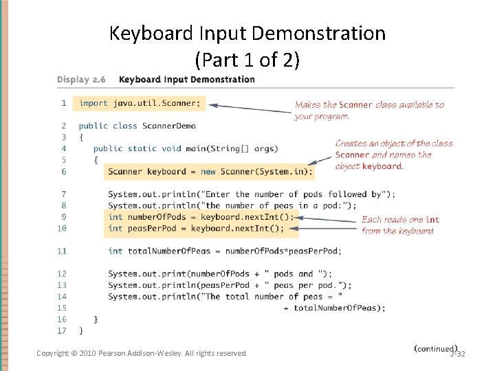 Keyboard Input Demonstration (Part 1 of 2) Copyright © 2010 Pearson Addison-Wesley. All rights