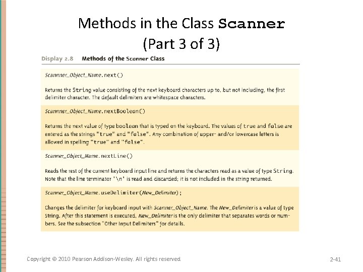Methods in the Class Scanner (Part 3 of 3) Copyright © 2010 Pearson Addison-Wesley.
