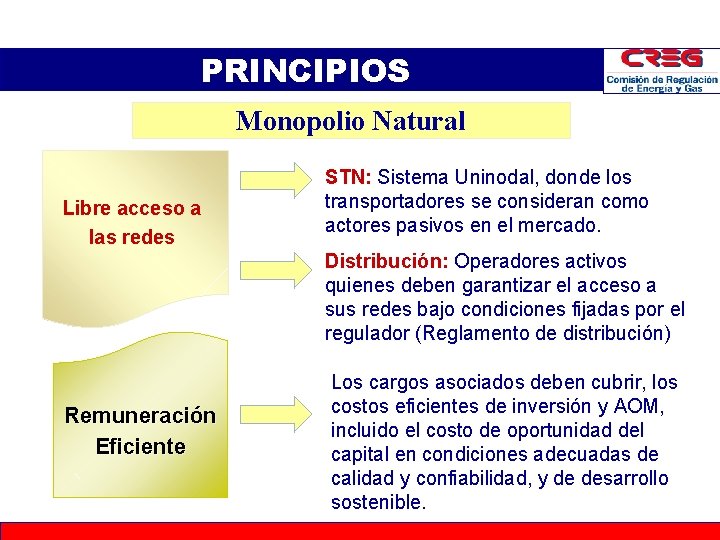 PRINCIPIOS Monopolio Natural Libre acceso a las redes STN: Sistema Uninodal, donde los transportadores PRINCIPIOS Monopolio Natural Libre acceso a las redes STN: Sistema Uninodal, donde los transportadores