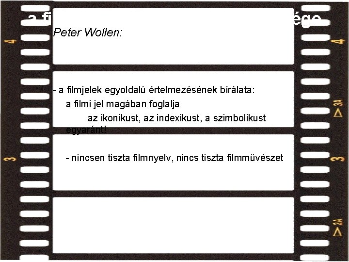 a filmi jel, a filmnyelv összetettsége Peter Wollen: - a filmjelek egyoldalú értelmezésének bírálata: a filmi jel, a filmnyelv összetettsége Peter Wollen: - a filmjelek egyoldalú értelmezésének bírálata: