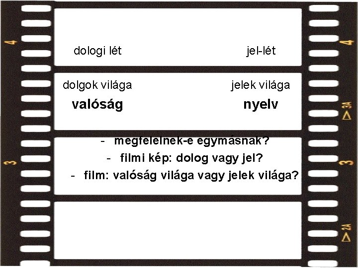 valóság – nyelv – film dologi lét jel-lét dolgok világa jelek világa valóság nyelv valóság – nyelv – film dologi lét jel-lét dolgok világa jelek világa valóság nyelv