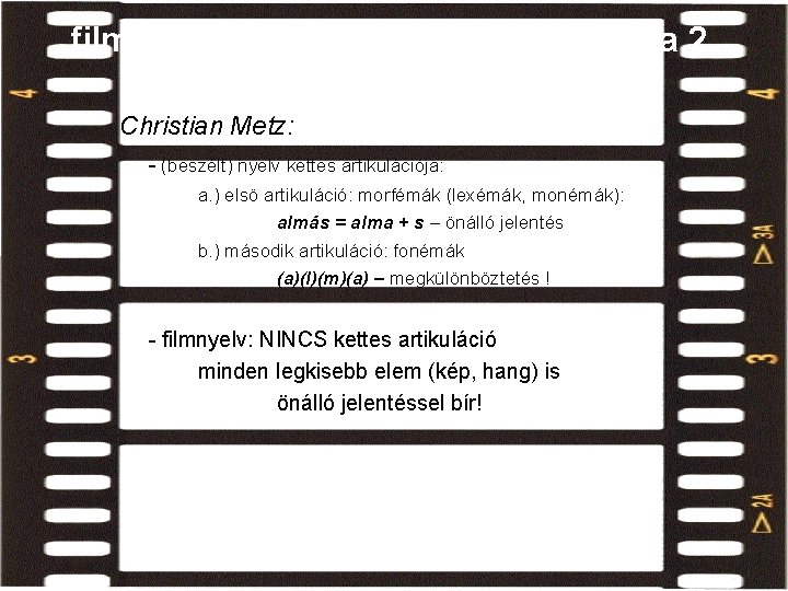 filmnyelv és (beszélt) nyelv viszonya 2. Christian Metz: - (beszélt) nyelv kettes artikulációja: a. filmnyelv és (beszélt) nyelv viszonya 2. Christian Metz: - (beszélt) nyelv kettes artikulációja: a.