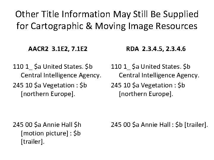 Other Title Information May Still Be Supplied for Cartographic & Moving Image Resources AACR