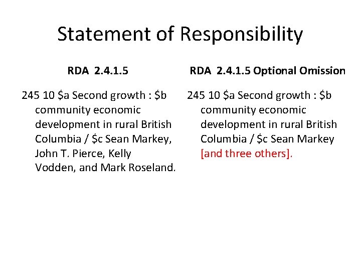 Statement of Responsibility RDA 2. 4. 1. 5 Optional Omission 245 10 $a Second