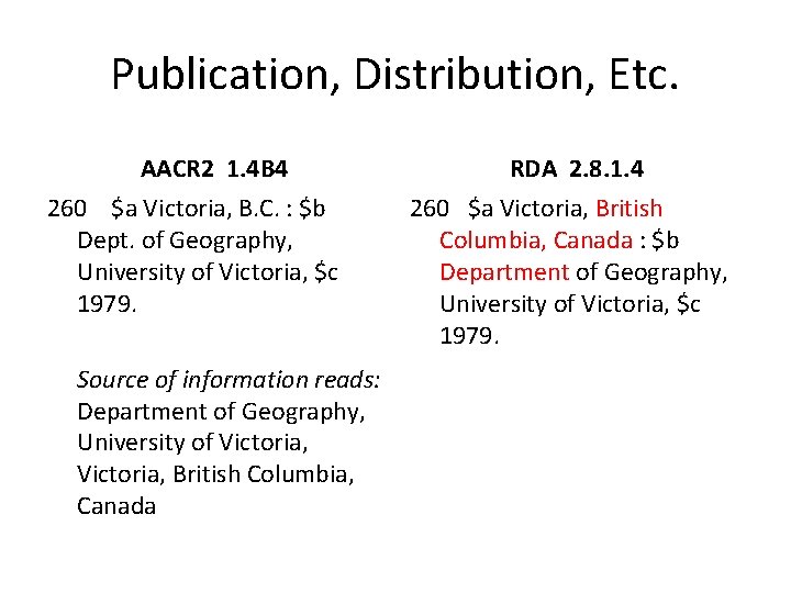 Publication, Distribution, Etc. AACR 2 1. 4 B 4 RDA 2. 8. 1. 4