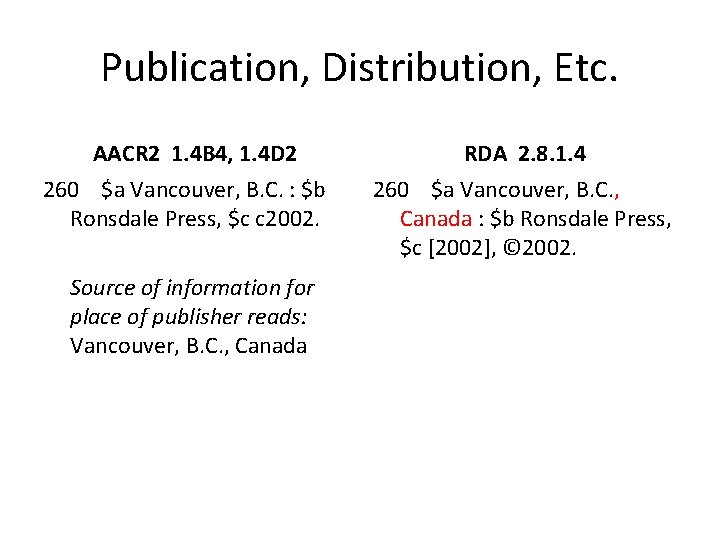 Publication, Distribution, Etc. AACR 2 1. 4 B 4, 1. 4 D 2 260