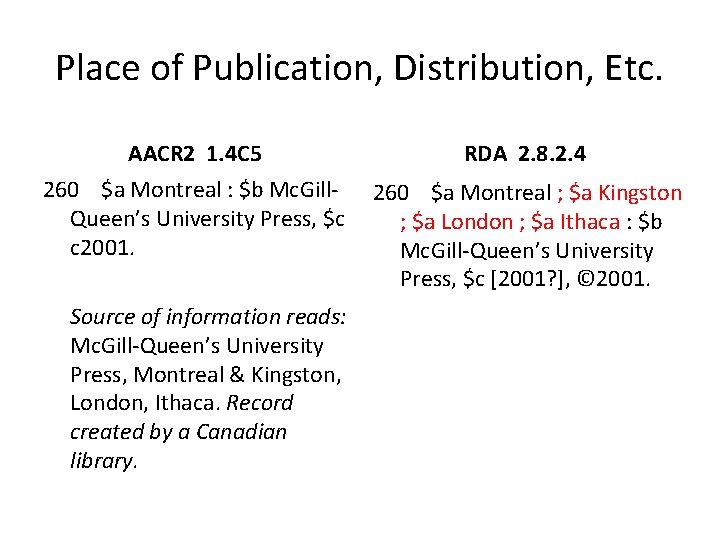 Place of Publication, Distribution, Etc. AACR 2 1. 4 C 5 RDA 2. 8.