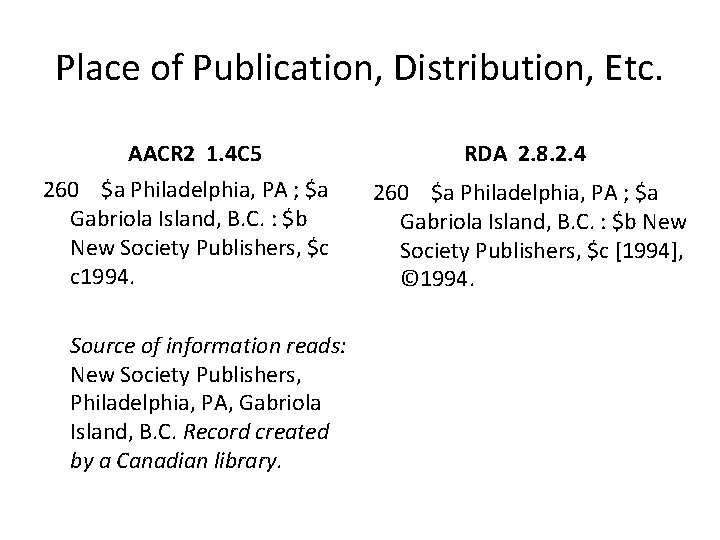 Place of Publication, Distribution, Etc. AACR 2 1. 4 C 5 260 $a Philadelphia,