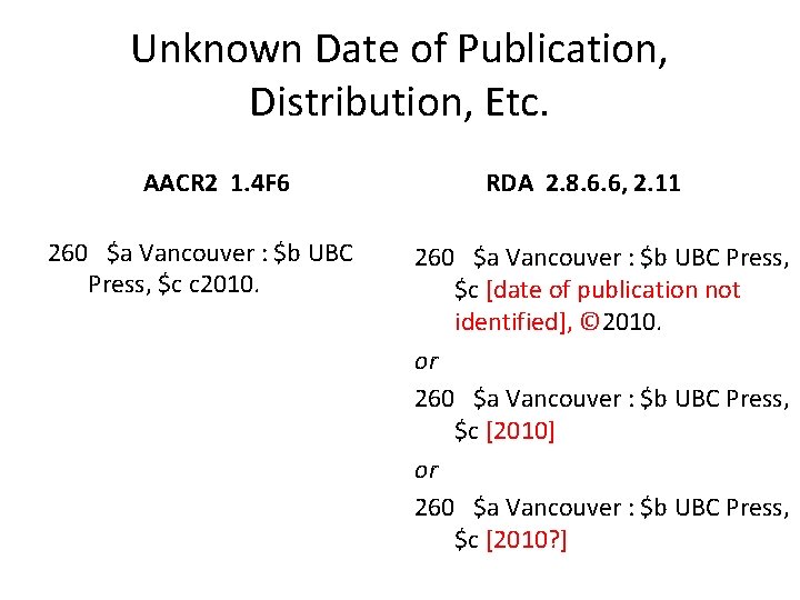 Unknown Date of Publication, Distribution, Etc. AACR 2 1. 4 F 6 260 $a
