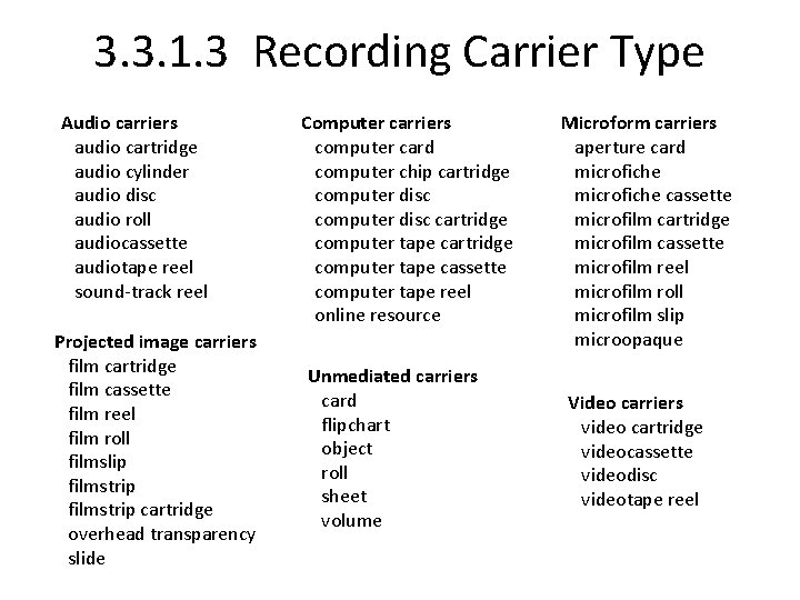 3. 3. 1. 3 Recording Carrier Type Audio carriers audio cartridge audio cylinder audio