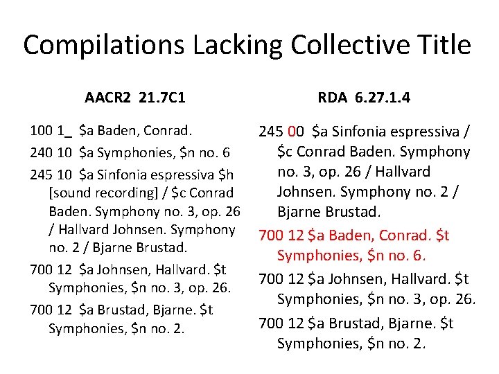 Compilations Lacking Collective Title AACR 2 21. 7 C 1 RDA 6. 27. 1.
