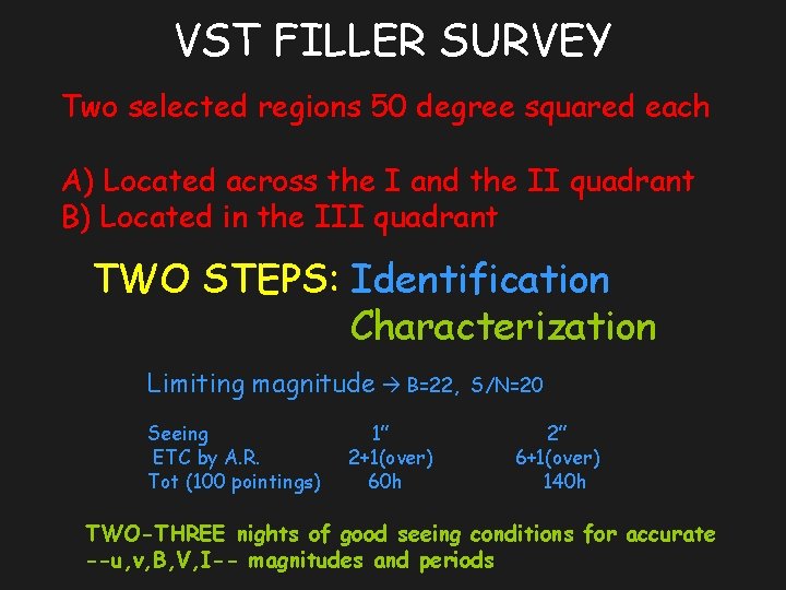 VST FILLER SURVEY Two selected regions 50 degree squared each A) Located across the
