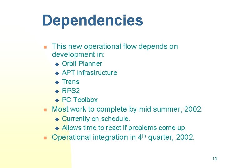 Dependencies n This new operational flow depends on development in: u u u n Dependencies n This new operational flow depends on development in: u u u n