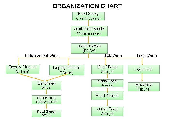 ORGANIZATION CHART Food Safety Commissioner Joint Food Safety Commissioner Enforcement Wing Deputy Director (Admin) ORGANIZATION CHART Food Safety Commissioner Joint Food Safety Commissioner Enforcement Wing Deputy Director (Admin)