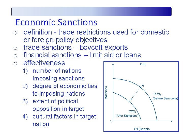 Economic Sanctions o definition - trade restrictions used for domestic or foreign policy objectives