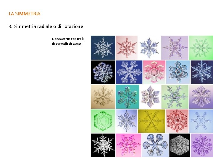 LA SIMMETRIA 3. Simmetria radiale o di rotazione Geometrie centrali di cristalli di neve