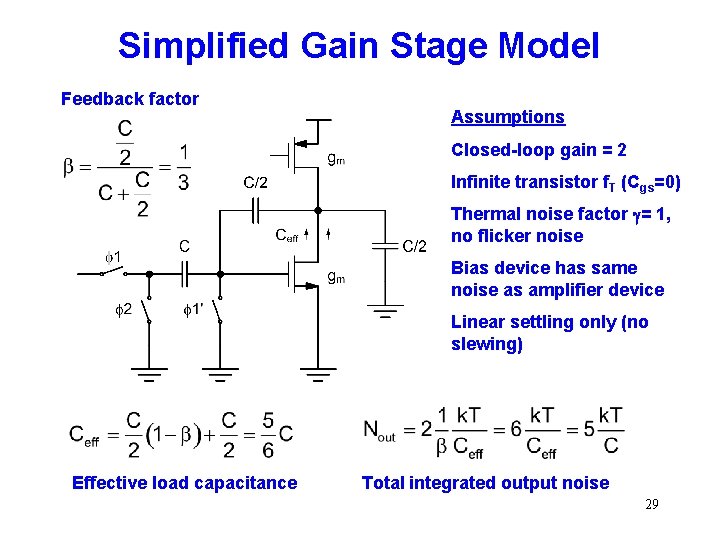 Simplified Gain Stage Model Feedback factor Assumptions Closed-loop gain = 2 Infinite transistor f.