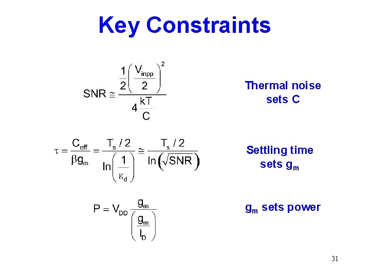 Key Constraints Thermal noise sets C Settling time sets gm gm sets power 31