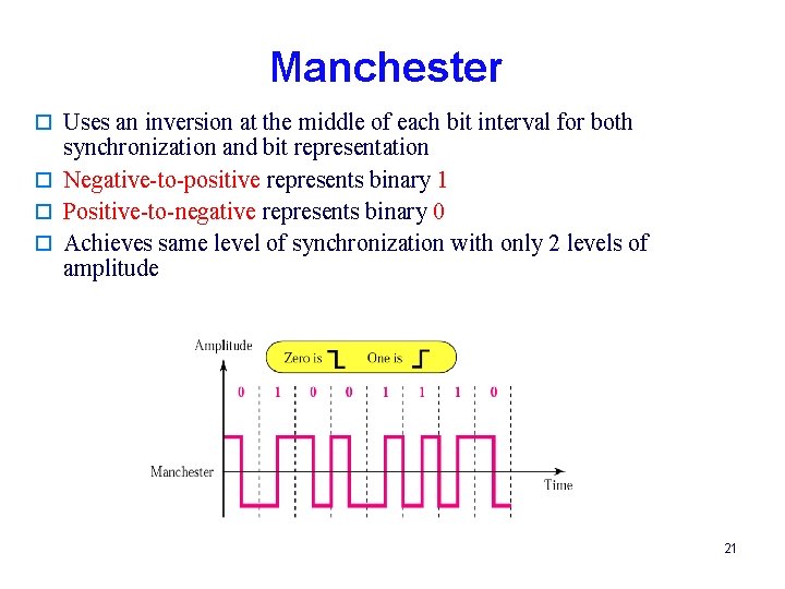 Manchester o Uses an inversion at the middle of each bit interval for both