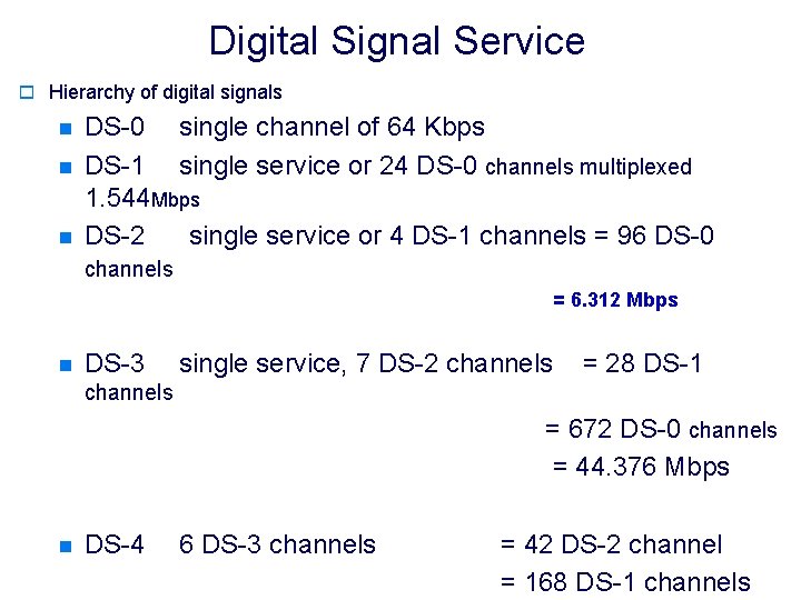 Digital Signal Service o Hierarchy of digital signals n n n DS-0 single channel