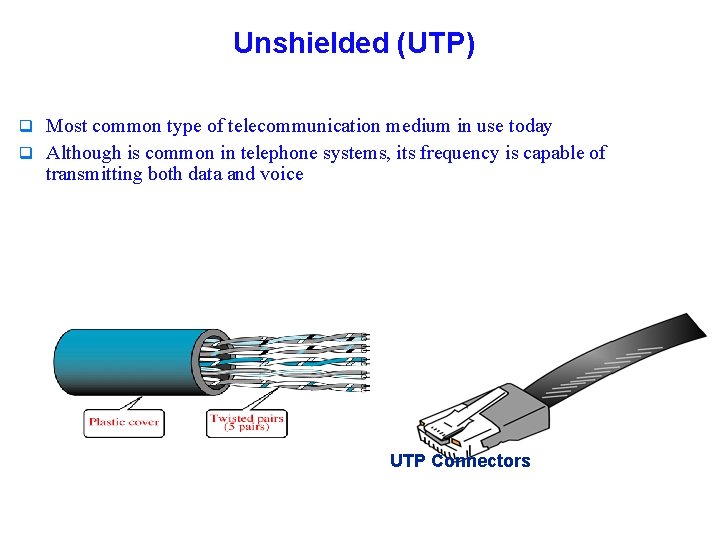 Unshielded (UTP) q Most common type of telecommunication medium in use today q Although