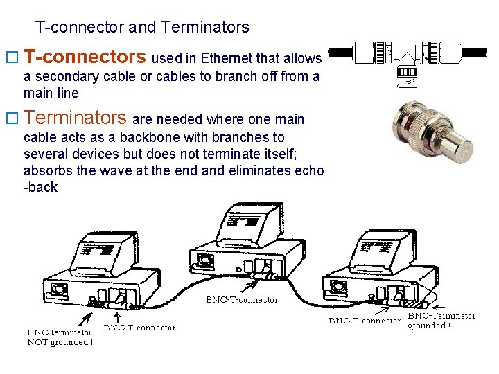  T-connector and Terminators o T-connectors used in Ethernet that allows a secondary cable