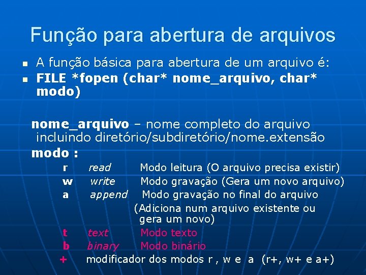 Função para abertura de arquivos n n A função básica para abertura de um