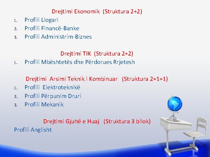 1. 2. 3. Drejtimi Ekonomik (Struktura 2+2) Profili Llogari Profili Financë-Banke Profili Administrim-Biznes 1.