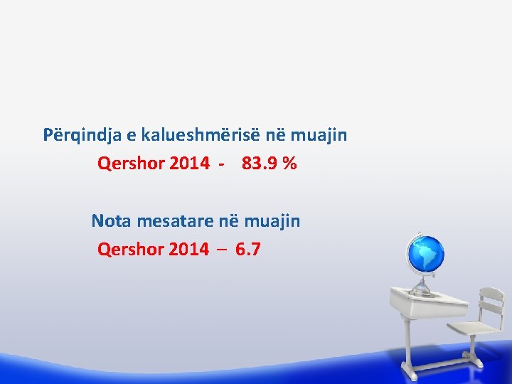 Përqindja e kalueshmërisë në muajin Qershor 2014 - 83. 9 % Nota mesatare në
