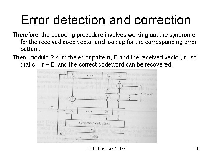 Error detection and correction Therefore, the decoding procedure involves working out the syndrome for