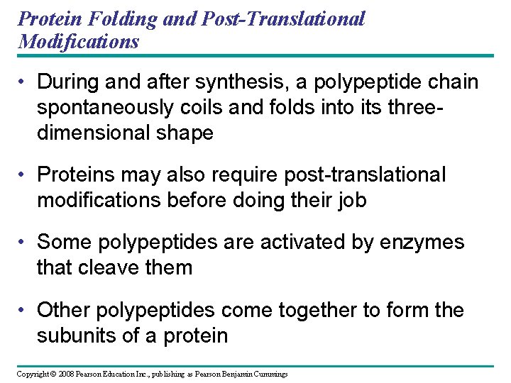 Protein Folding and Post-Translational Modifications • During and after synthesis, a polypeptide chain spontaneously