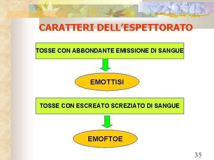 CARATTERI DELL’ESPETTORATO TOSSE CON ABBONDANTE EMISSIONE DI SANGUE EMOTTISI TOSSE CON ESCREATO SCREZIATO DI