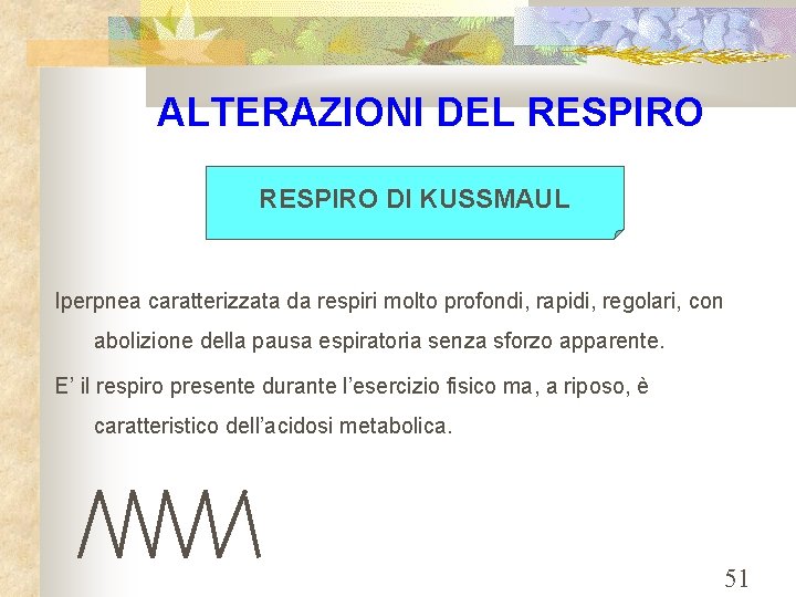 ALTERAZIONI DEL RESPIRO DI KUSSMAUL Iperpnea caratterizzata da respiri molto profondi, rapidi, regolari, con