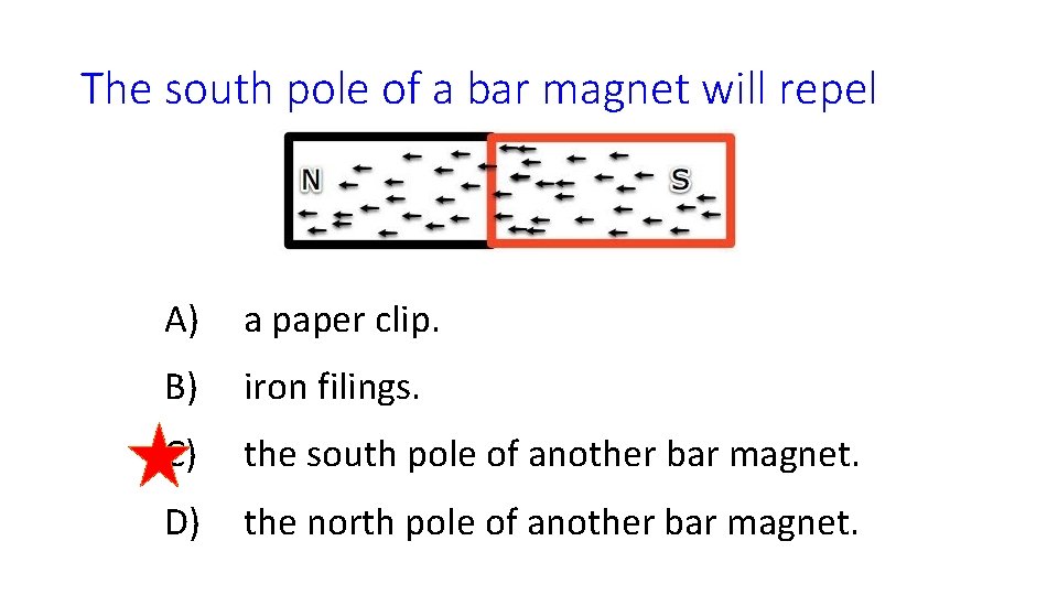 The south pole of a bar magnet will repel A) a paper clip. B)
