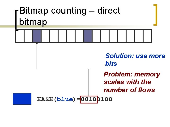 Bitmap counting – direct bitmap Solution: use more bits Problem: memory scales with the