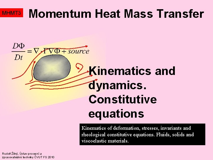 MHMT 3 Momentum Heat Mass Transfer Kinematics and dynamics. Constitutive equations Kinematics of deformation,