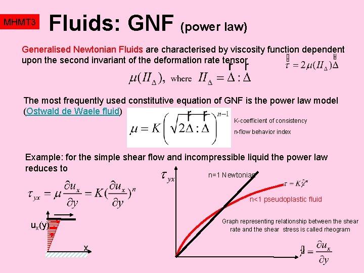 MHMT 3 Fluids: GNF (power law) Generalised Newtonian Fluids are characterised by viscosity function