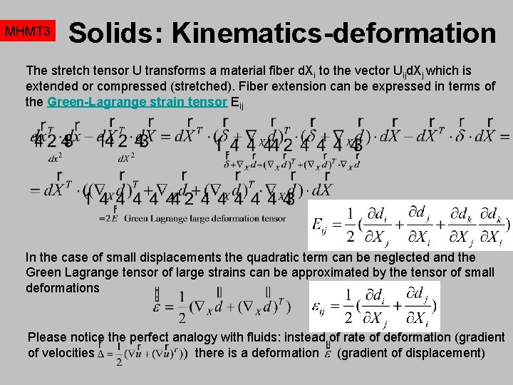 MHMT 3 Solids: Kinematics-deformation The stretch tensor U transforms a material fiber d. Xi