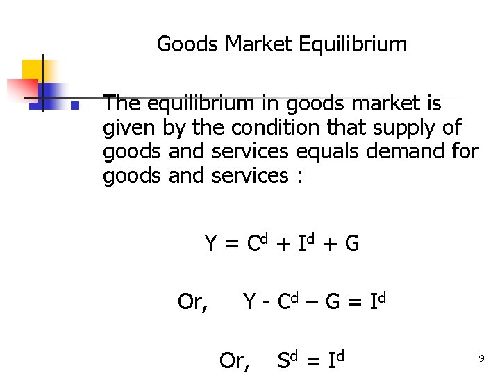 Goods Market Equilibrium n The equilibrium in goods market is given by the condition