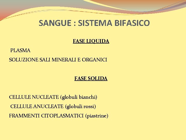 SANGUE : SISTEMA BIFASICO FASE LIQUIDA PLASMA SOLUZIONE SALI MINERALI E ORGANICI FASE SOLIDA