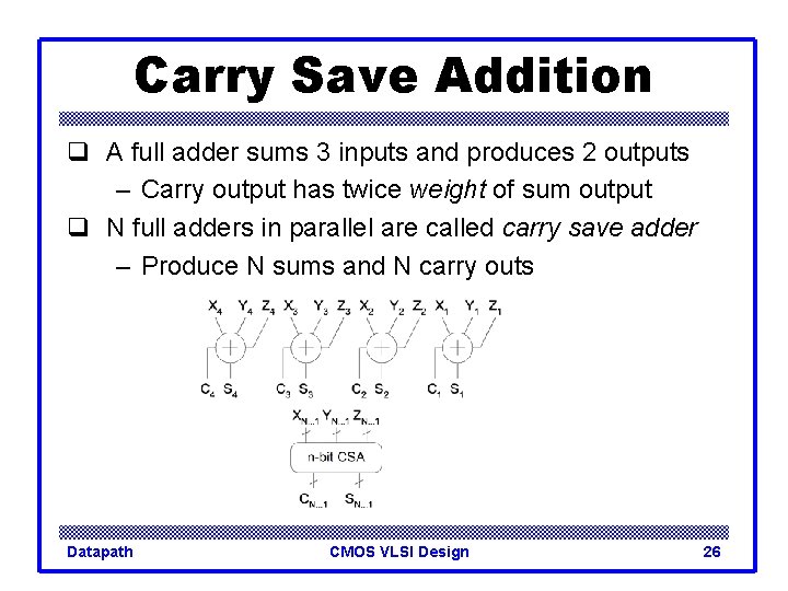 Carry Save Addition q A full adder sums 3 inputs and produces 2 outputs
