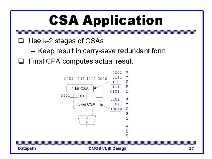 CSA Application q Use k-2 stages of CSAs – Keep result in carry-save redundant