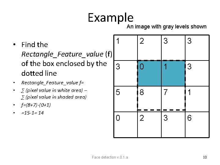 Example An image with gray levels shown 1 • Find the Rectangle_Feature_value (f) of